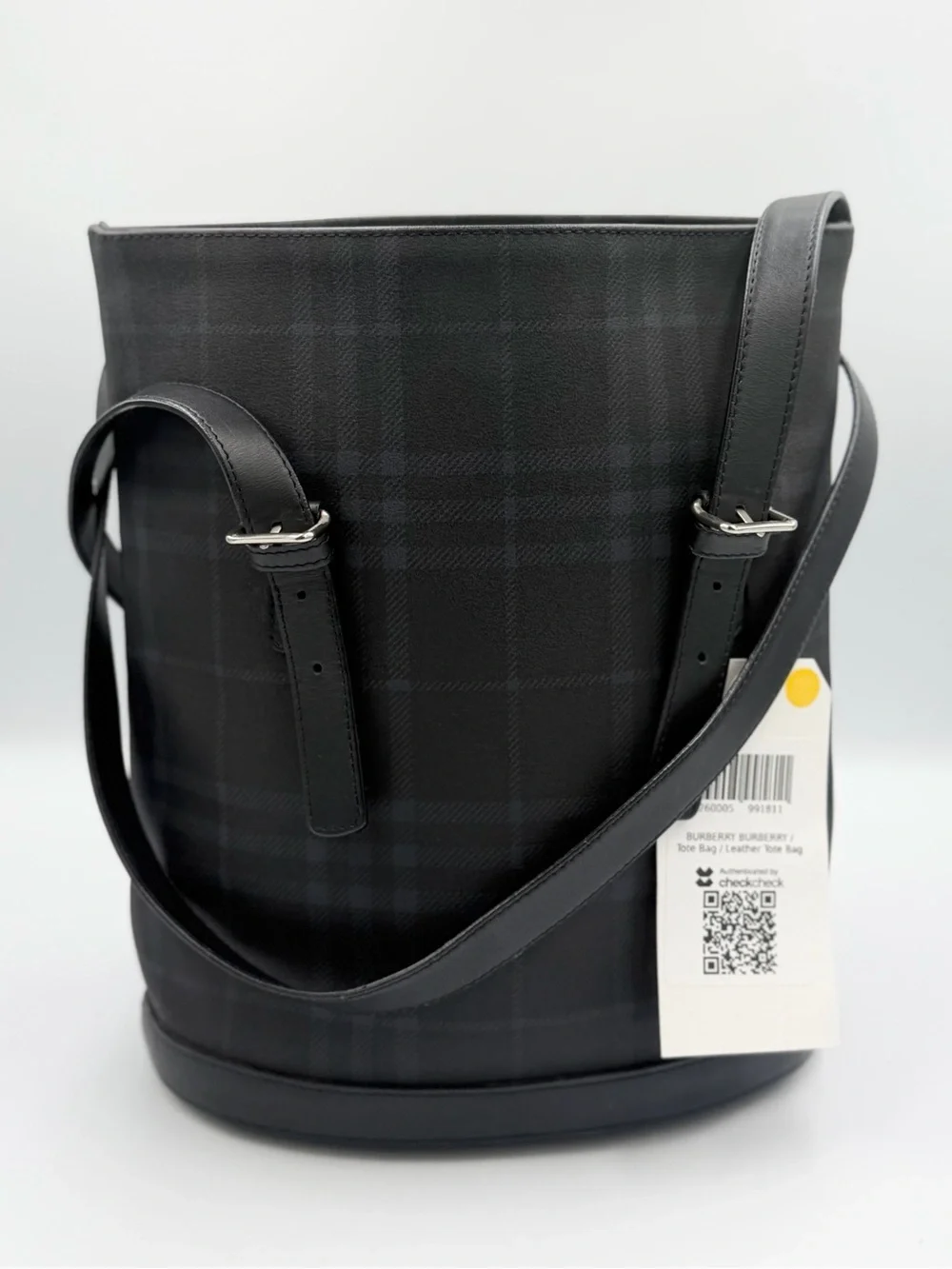 Burberry Black Plaid Leather-Trim Backpack Bucket With Burberry drawstring bag